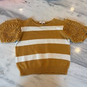 Bohme Women’s Mustard Yellow & Cream Striped Knit Top Crochet Puff Sleeves Sz S